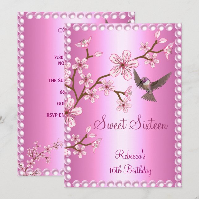 Invitation Sweet 16 Anniversaire Asiatique Pink Pearl Fleurs  (Devant / Derrière)