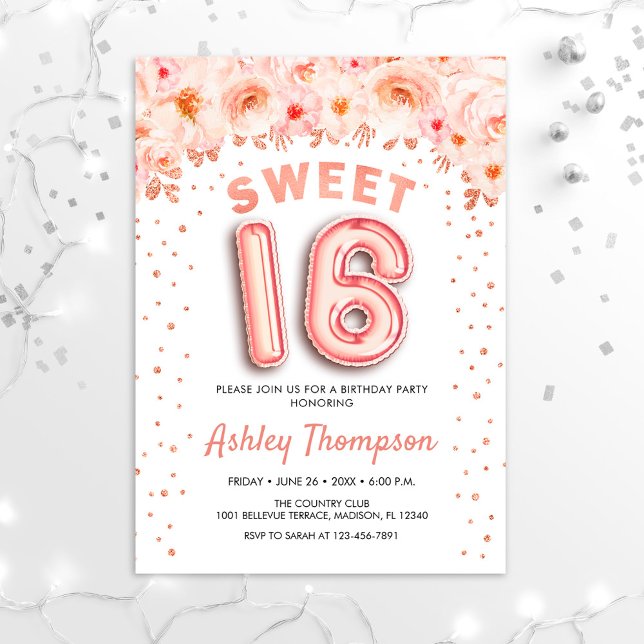 Invitation Sweet 16 Anniversaire - Ballons d'or Rose (Créateur téléchargé)