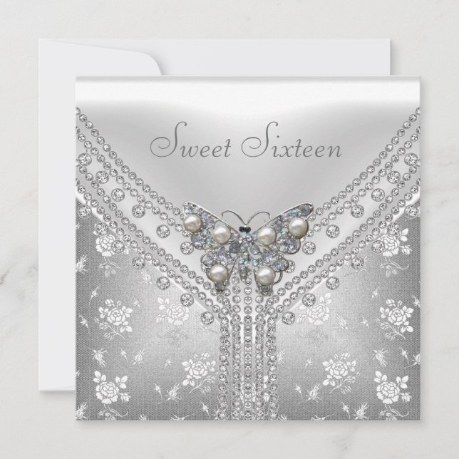 Invitation Sweet 16 Anniversaire Blanc Papillon en argent (Devant)