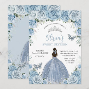 Invitation Sweet 16 Anniversaire Bleu Floral Papillon en arge
