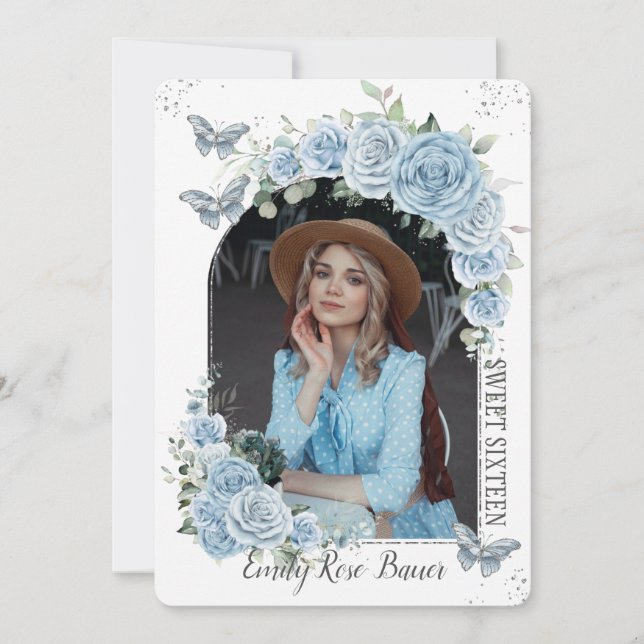 Invitation Sweet 16 Anniversaire Blue Floral Butterflies Phot (Devant)