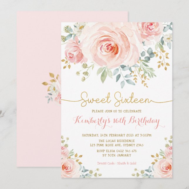 Invitation Sweet 16 Anniversaire Blush or Sweet sixteen Flora (Devant / Derrière)
