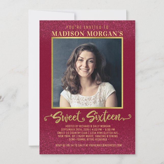 Invitation Sweet 16 Anniversaire Bourgogne Rouge Parties scin (Devant)