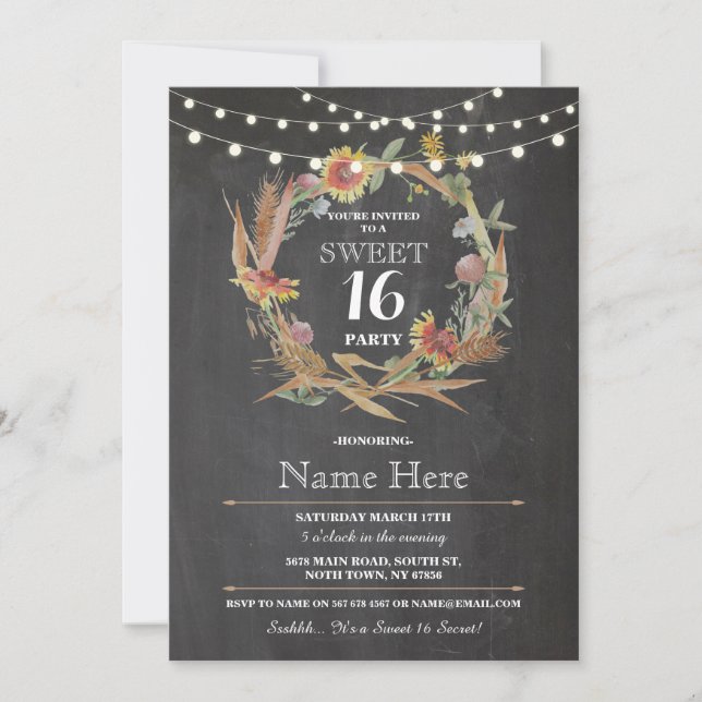 Invitation Sweet 16 Anniversaire Chalk Wreath Floral Invitati (Devant)