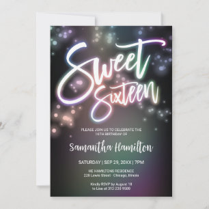 Invitation Sweet 16 Anniversaire coloré Neon brillant Fête no
