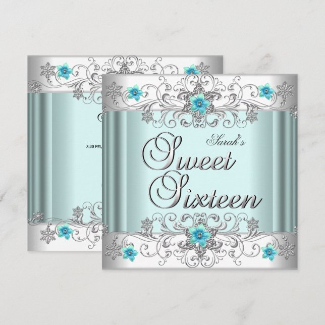 Invitation Sweet 16 Anniversaire de fête Turquoise Bleu Blanc (Devant / Derrière)