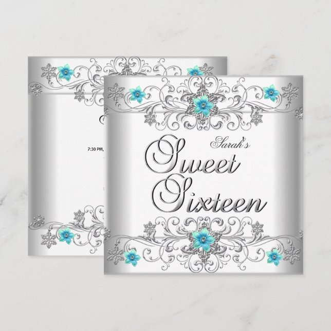 Invitation Sweet 16 Anniversaire de fête Turquoise Bleu Blanc (Devant / Derrière)