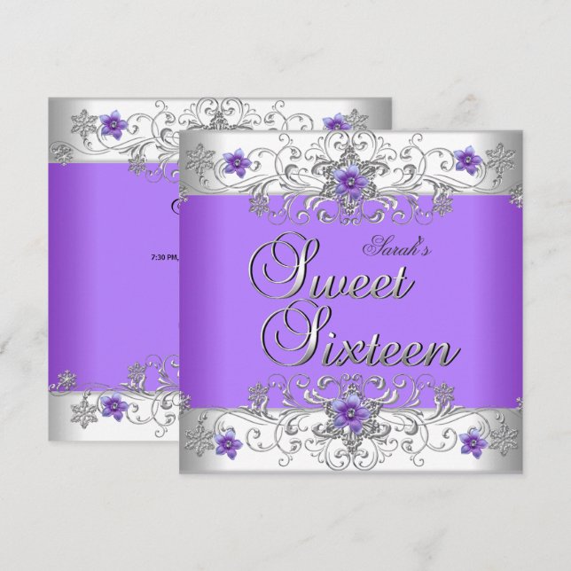 Invitation Sweet 16 Anniversaire de fête violet blanc diamant (Devant / Derrière)