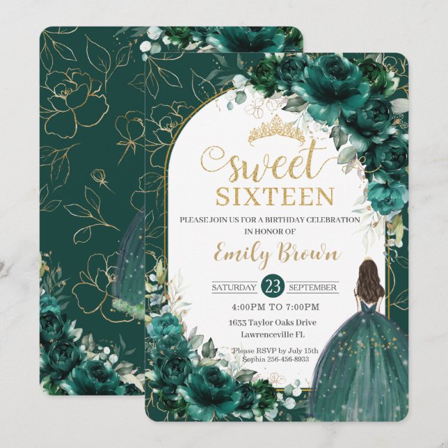 Invitation Sweet 16 Anniversaire Emerald Green Floral Princes (Devant / Derrière)