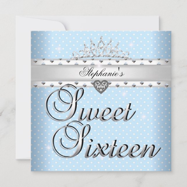 Invitation Sweet 16 Anniversaire Fête Bleu Blancs Spots Tiara (Devant)