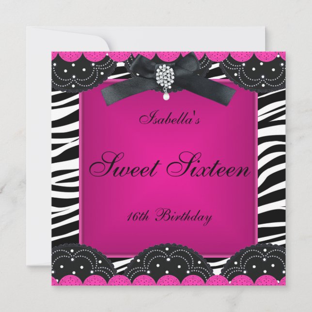 Invitation Sweet 16 Anniversaire fête Hot rose noir blanc Zèb (Devant)