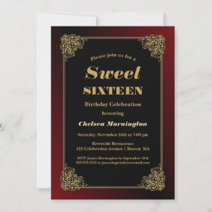 Invitation Sweet 16 Anniversaire Fête Noir Rouge avec cadre O