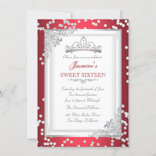 Invitation Sweet 16 Anniversaire Fête Rouge Argent Blanc Tiar