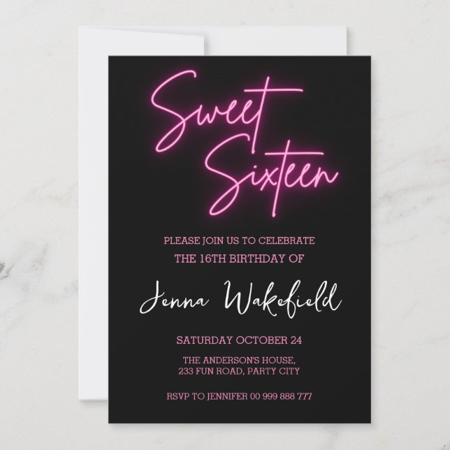 Invitation Sweet 16 Anniversaire Fille Fête Neon (Devant)