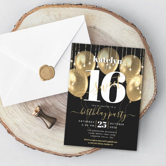 Invitation Sweet 16 Anniversaire Fille Glam Or Balloon sur No (Créateur téléchargé)