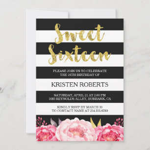 Invitation Sweet 16 Anniversaire Floral Or noir blanc rayures