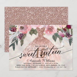 Invitation Sweet 16 Anniversaire Floral Rose Gold Gown