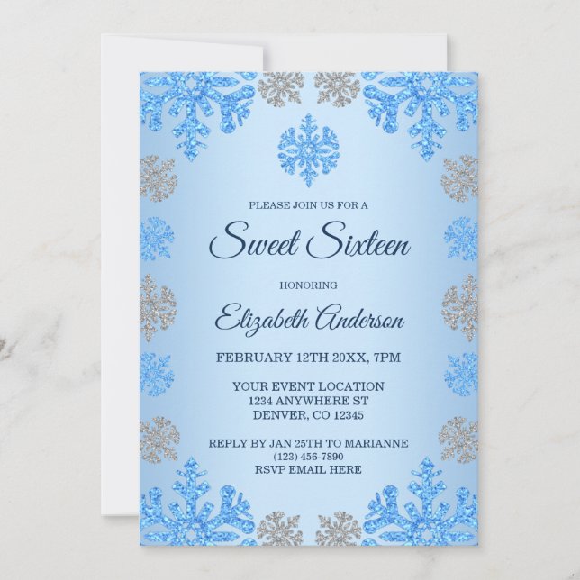 Invitation Sweet 16 Anniversaire Glace Bleu Argent Hiver Floc (Devant)