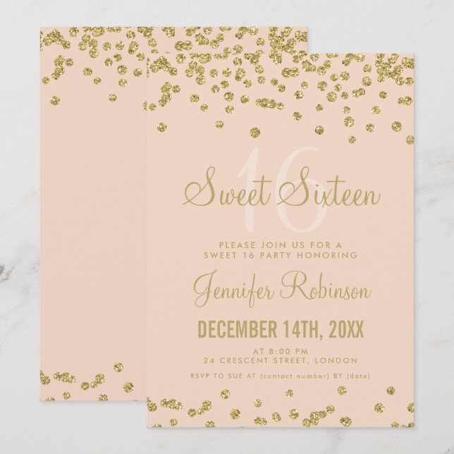 Invitation Sweet 16 Anniversaire Gold Blush Parties scintilla (Devant / Derrière)