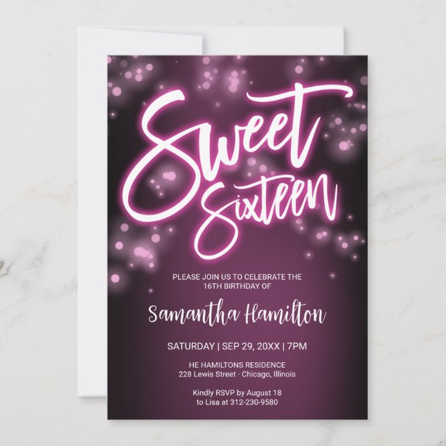 Invitation Sweet 16 Anniversaire Hot rose Neon Fête Foncé (Devant)