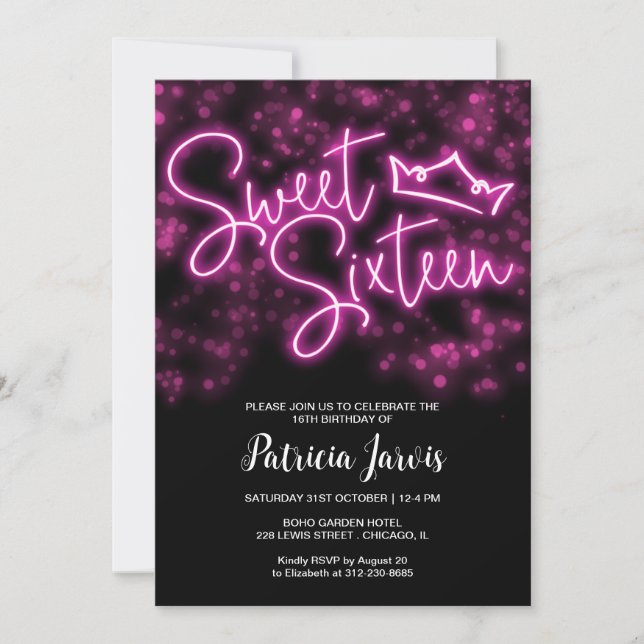 Invitation Sweet 16 Anniversaire Hot rose Neon Fête Foncé (Devant)