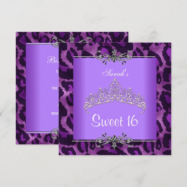 Invitation Sweet 16 Anniversaire Léopard Violet Argent Tiara (Devant / Derrière)