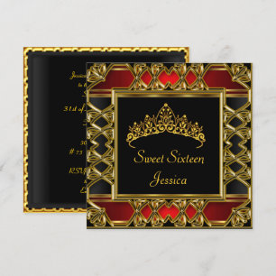Invitation Sweet 16 Anniversaire Noir Rouge Or Tiara