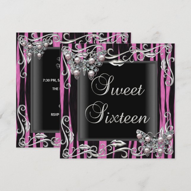 Invitation Sweet 16 Anniversaire Papillon Zèbre noir rose (Devant / Derrière)