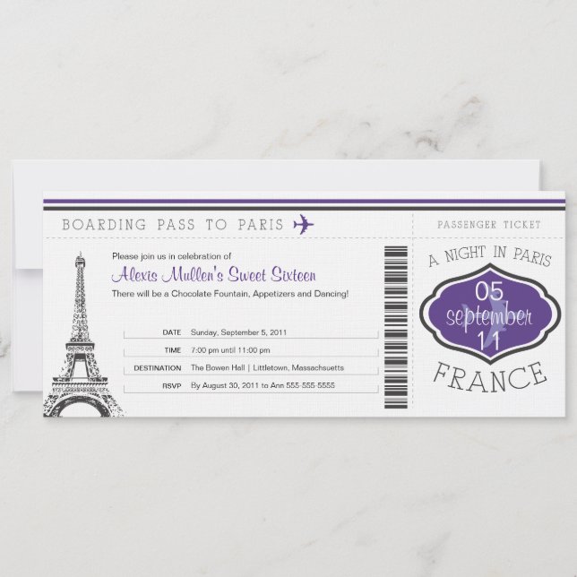 Invitation Sweet 16 Anniversaire Pass à Paris (Devant)