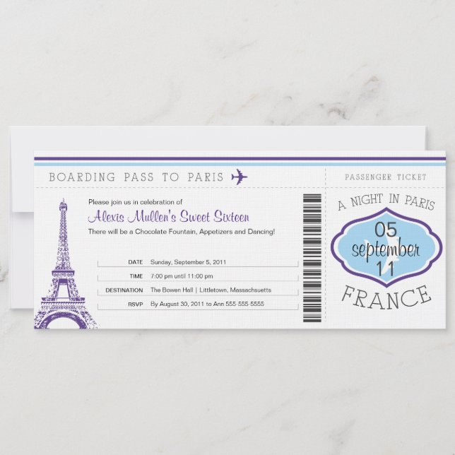 Invitation Sweet 16 Anniversaire Pass à Paris (Devant)