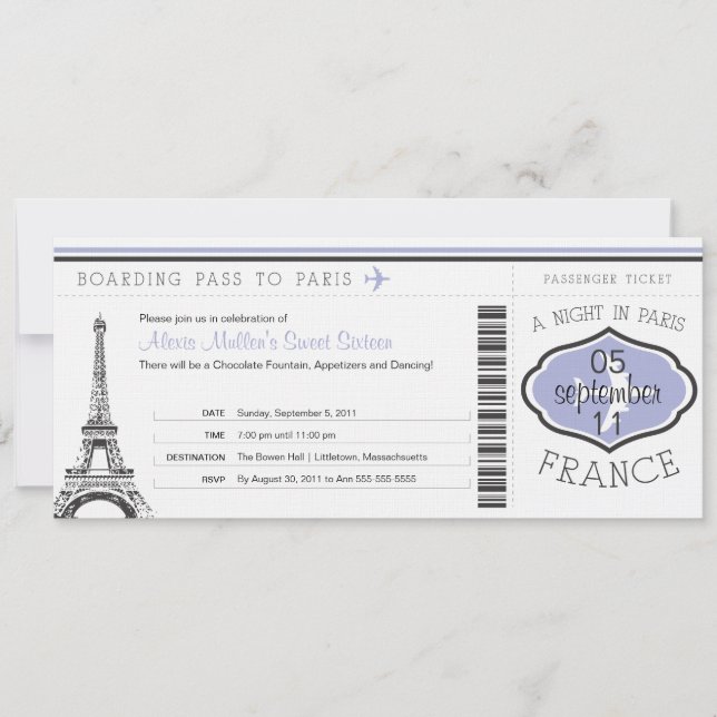 Invitation Sweet 16 Anniversaire Pass à Paris (Devant)