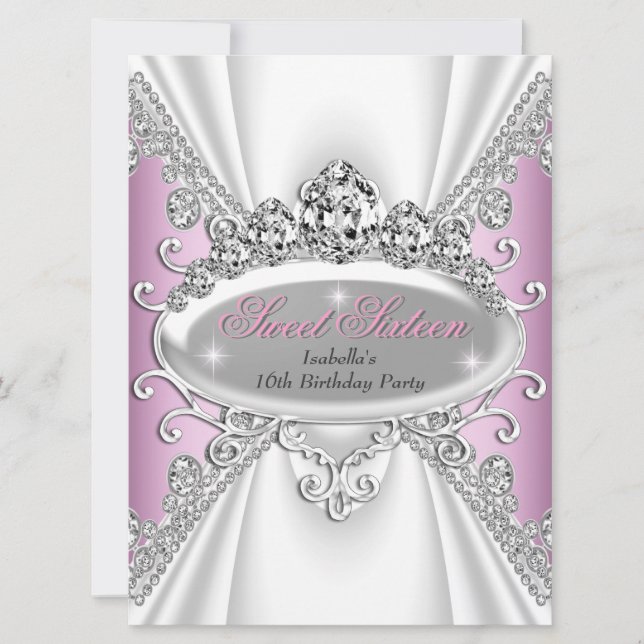 Invitation Sweet 16 Anniversaire Princesse Diamants roses Gra (Devant)