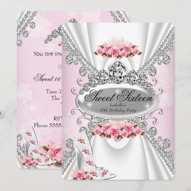 Invitation Sweet 16 Anniversaire Princesse Rose Tiara Rose Ta (Devant / Derrière)