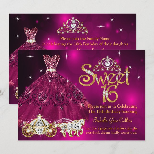 Invitation Sweet 16 Anniversaire prune Robe Rose Tiara Carria (Devant / Derrière)