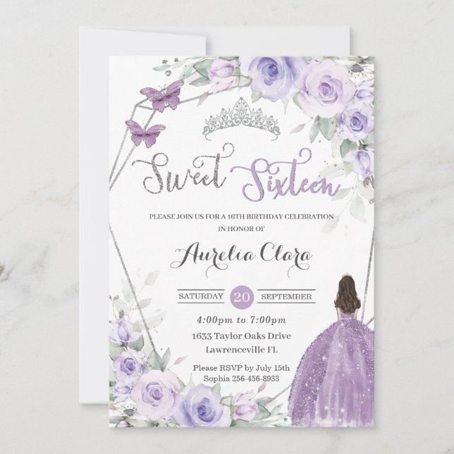 Invitation Sweet 16 Anniversaire Purple Floral Princesse Arge (Devant)