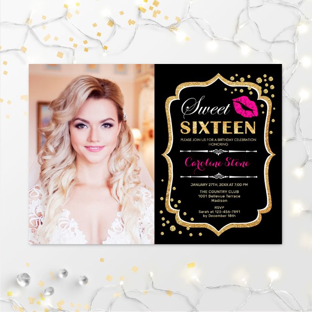 Invitation Sweet 16 Anniversaire Rose Kiss Gold Black Photo (Créateur téléchargé)