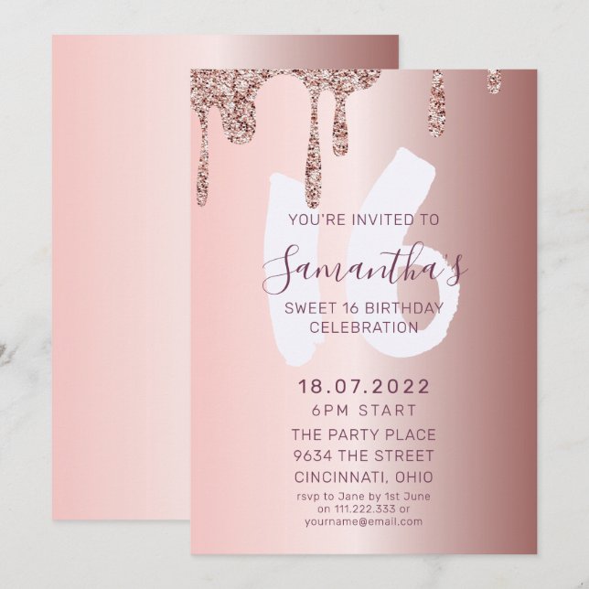 Invitation Sweet 16 Anniversaire Rose Parties scintillant or (Devant / Derrière)