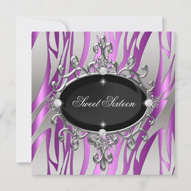 Invitation Sweet 16 Anniversaire rose pourpre Zebra Black Str (Devant)