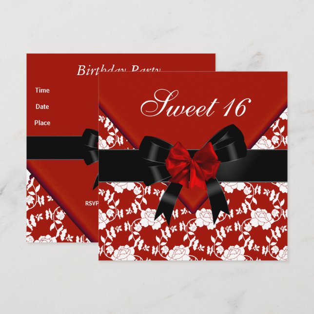 Invitation Sweet 16 Anniversaire Rouge Noir Blanc Floral Bow (Devant / Derrière)