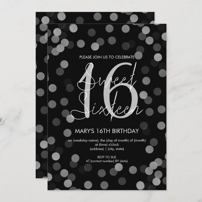Invitation Sweet 16 Anniversaire Silver Glam Parties scintill (Devant / Derrière)