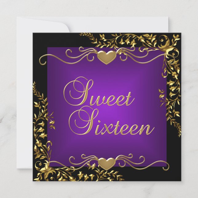 Invitation Sweet 16 Anniversaire Soirée Noir Or Profond Viole (Devant)