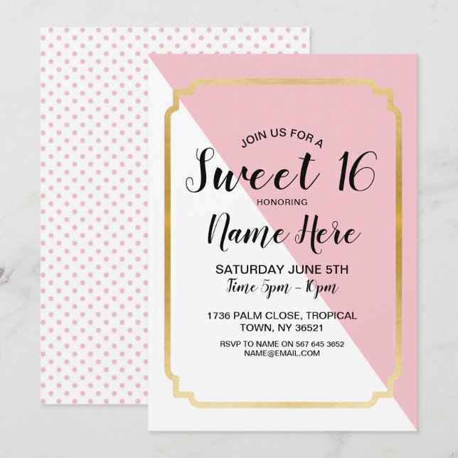 Invitation Sweet 16 Anniversaire Soirée Pink Gold Elegant Dot (Devant / Derrière)
