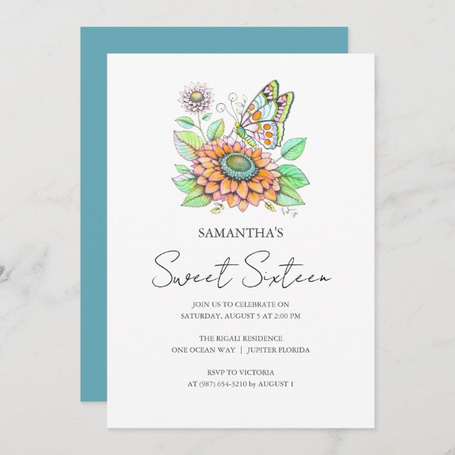 Invitation Sweet 16 Anniversaire Thème papillon fête (Devant / Derrière)