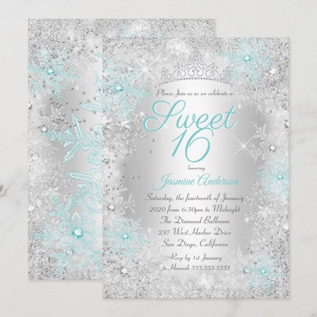 Invitation Sweet 16 Anniversaire Turquoise Silver Winter Wond (Devant / Derrière)