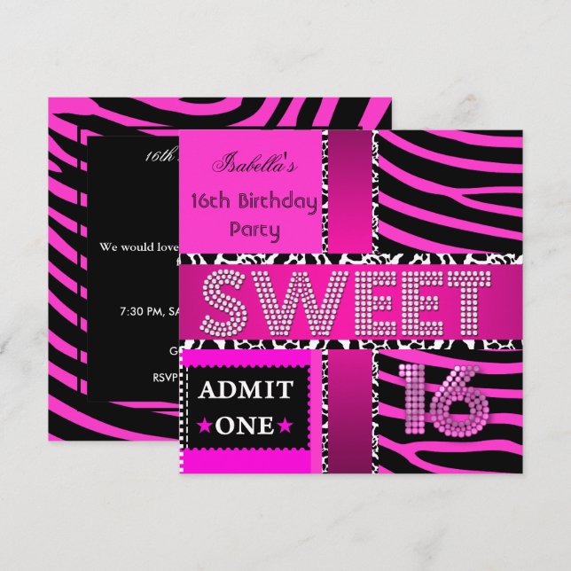Invitation Sweet 16 Anniversaire Vache Zebra Hot rose Noir (Devant / Derrière)