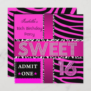 Invitation Sweet 16 Anniversaire Vache Zebra Hot rose Noir