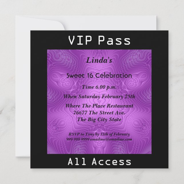 Invitation Sweet 16 Anniversaire VIP pass violet 2 (Devant)