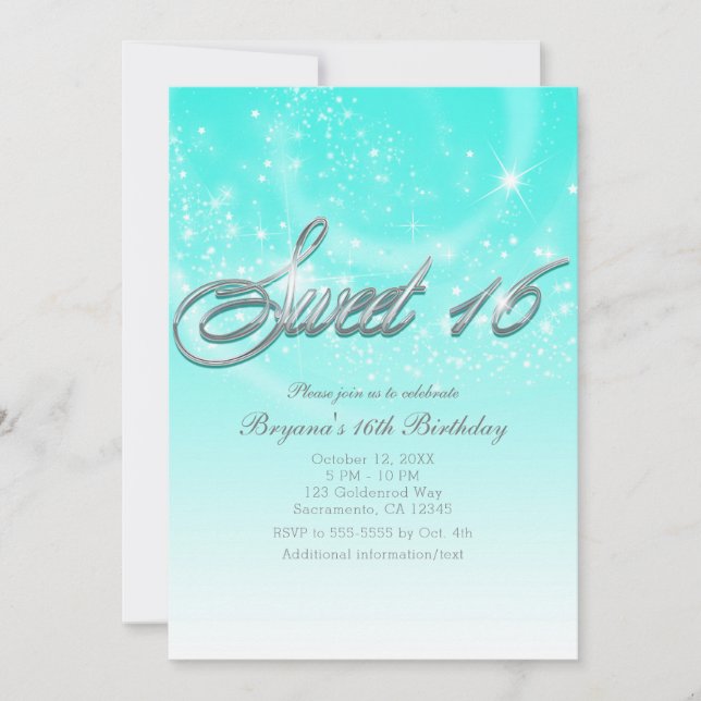 Invitation SWEET 16 Aqua Blue & Silver Sparkle Stars Party (Devant)