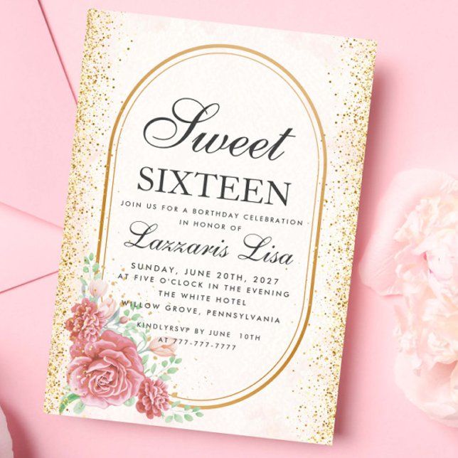 Invitation Sweet 16 Aquarelle Floral Surprise fête d'annivers (Créateur téléchargé)