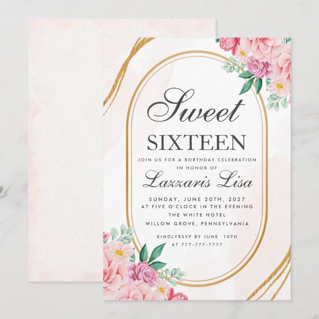 Invitation Sweet 16 Aquarelle rose Floral Fille Anniversaire (Devant / Derrière)